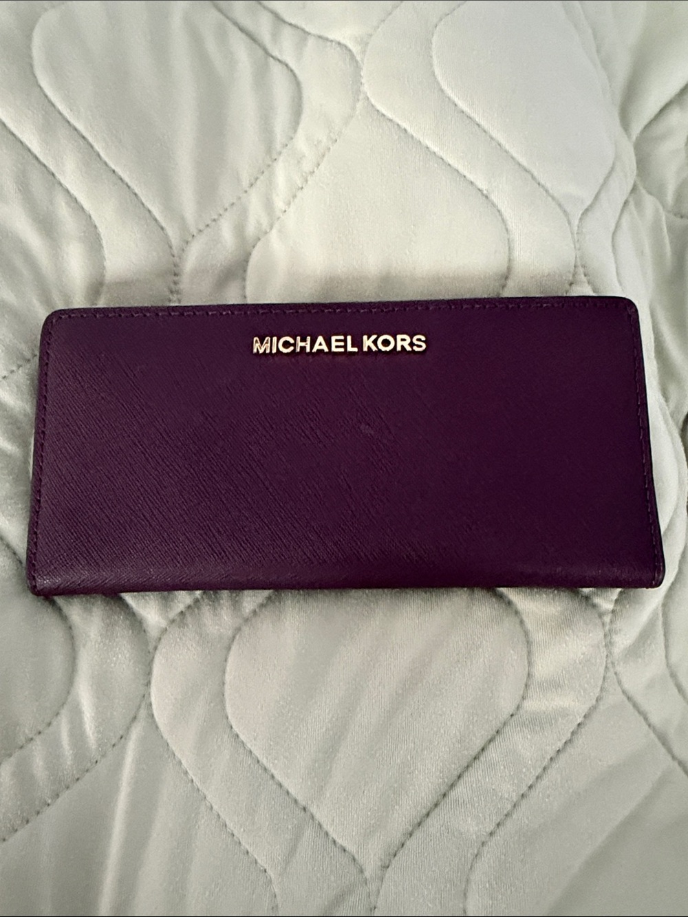 Michael Kors Deep Plum Saffiano Zip Wallet with Gold Logo